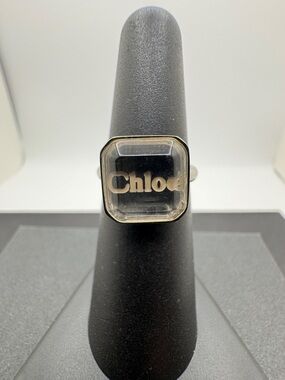 Chloe Clear Square Logo Silver-Toned Ring Size 6